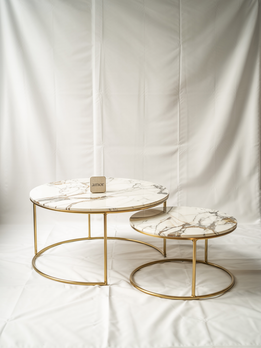 Zestaw 2 stolików kawowych glamour | Kamień marmur | Złote nogi | 80CM/60CM