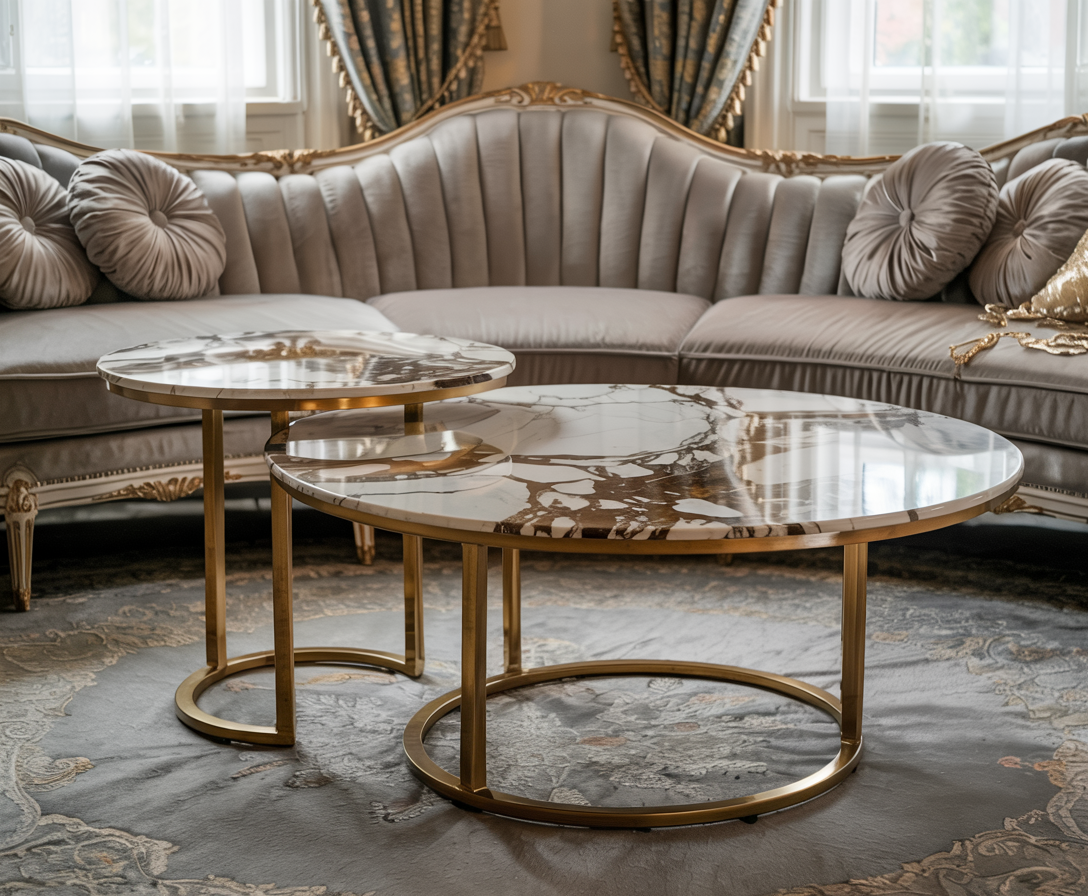 Zestaw 2 stolików kawowych glamour | Kamień marmur | Złote nogi | 80CM/60CM