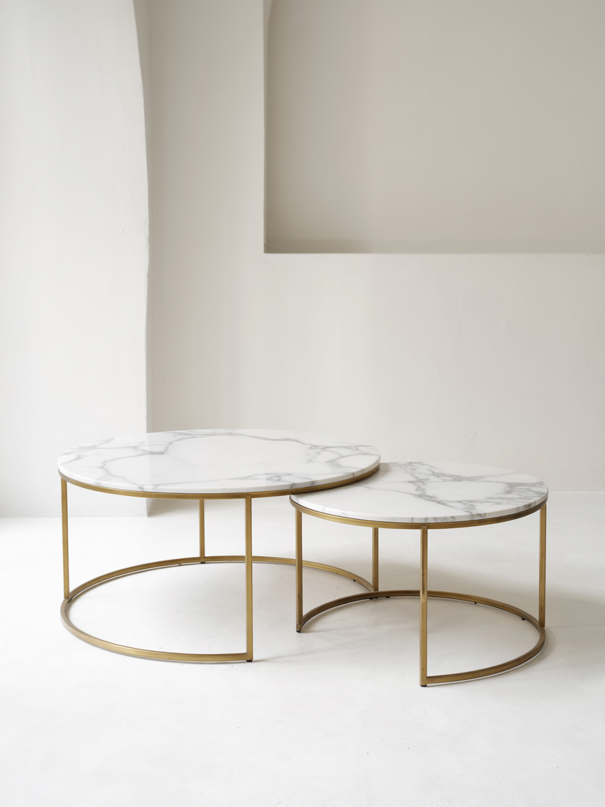 Zestaw 2 stolików kawowych glamour | Kamień marmur | Złote nogi | 80CM/60CM