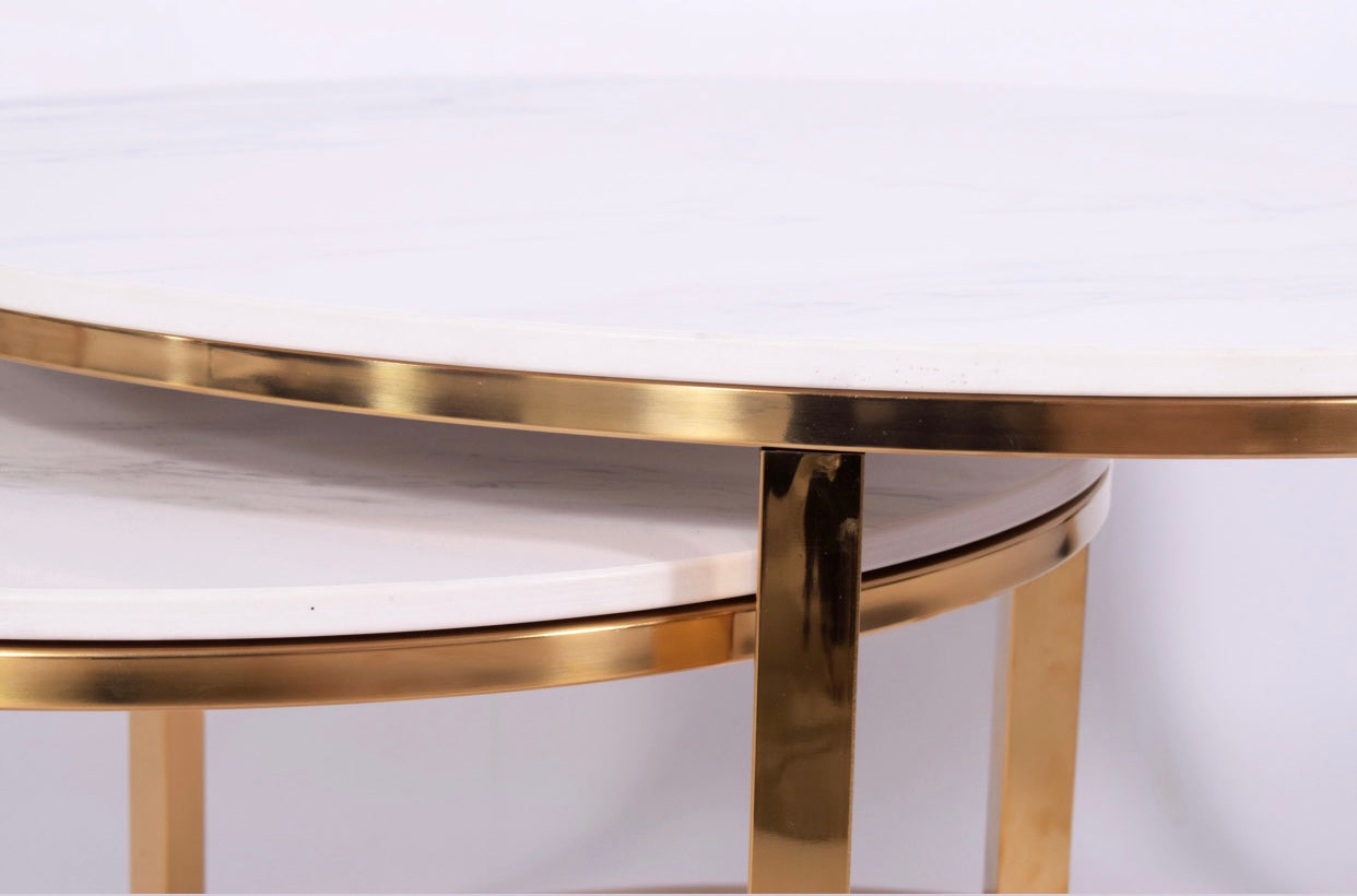 Zestaw 2 stolików kawowych glamour | Kamień marmur | Złote nogi | 80CM/60CM