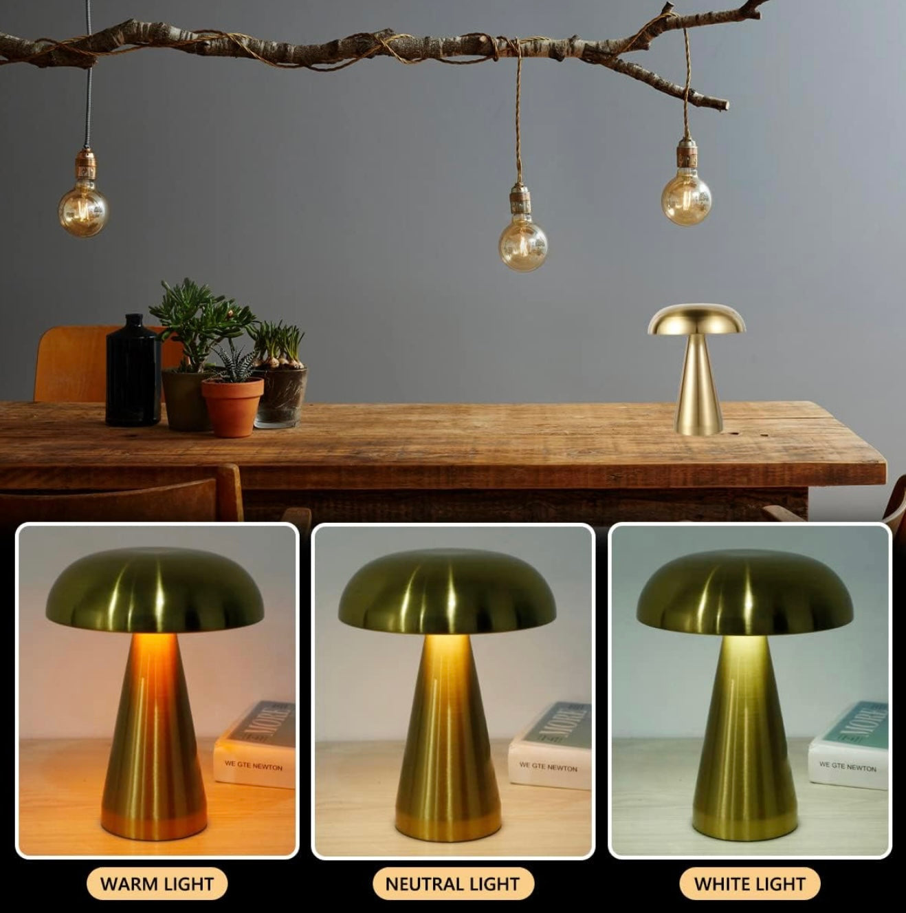 Lampa stołowa Golden Dome Mini LED, USB, ściemnianie, 3 kolory światła