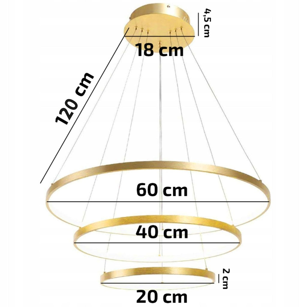 LAMPA sufitowa LED 3 ringi złota + PILOT 60/40/20