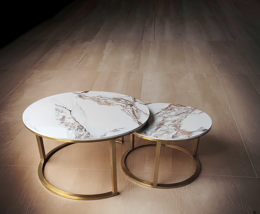 Zestaw 2 stolików kawowych glamour | Kamień marmur | Złote nogi | 80CM/60CM